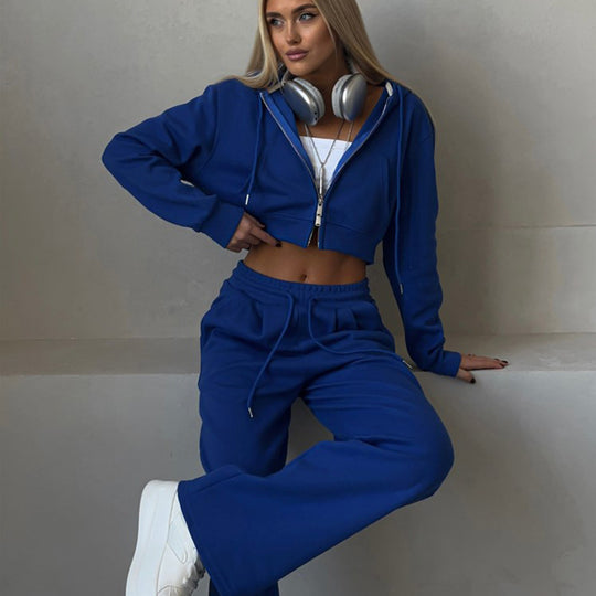 Damen cropped Reißverschluss-Kapuzenpullover mit hohem Bund Palazzo-Jogger Set EB