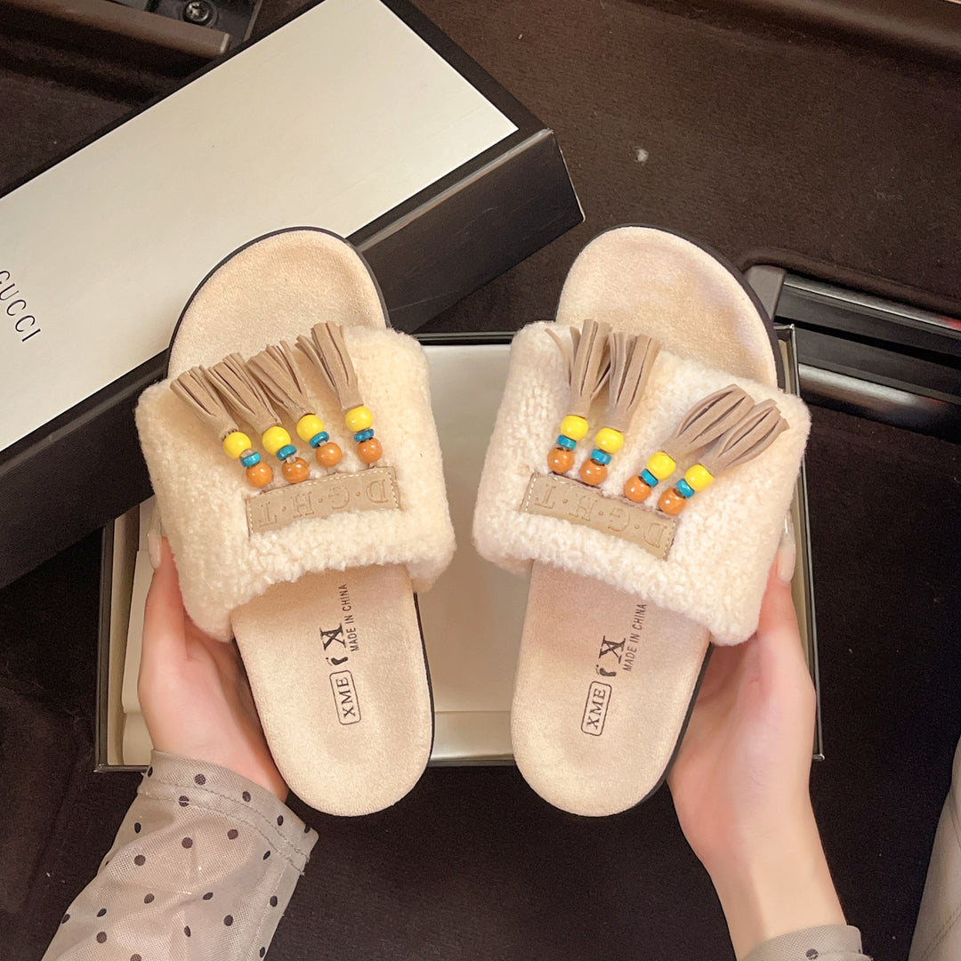 Damen Flauschige Pantoletten mit Boho-Design und Fransen EB