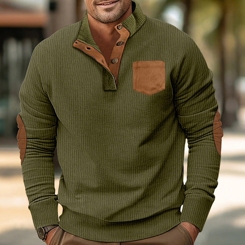Herren eleganter Strickpullover mit Knopfleiste und kontrastierenden Ellbogenpatches EB