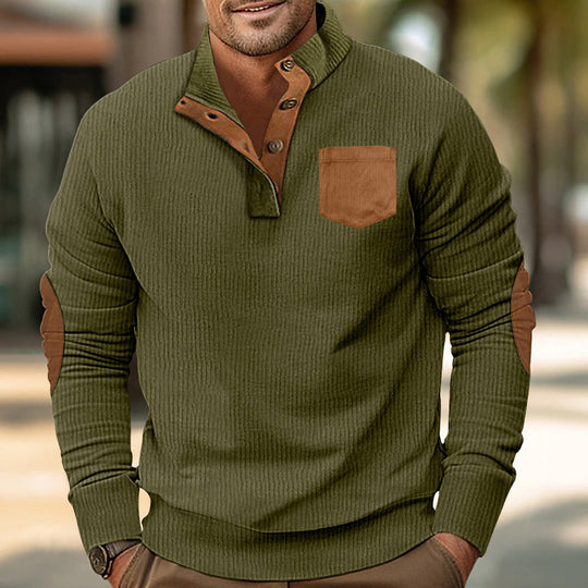 Herren eleganter Strickpullover mit Knopfleiste und kontrastierenden Ellbogenpatches EB