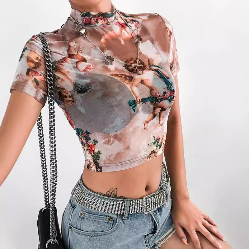 Damen Hochgeschlossenes Crop-Top mit romantischem Engelmotiven EB