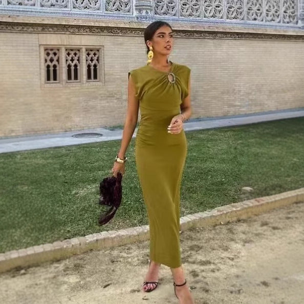 Damen elegantes Jersey-Kleid mit Detailrüsche und edlem Schmuckelement EB