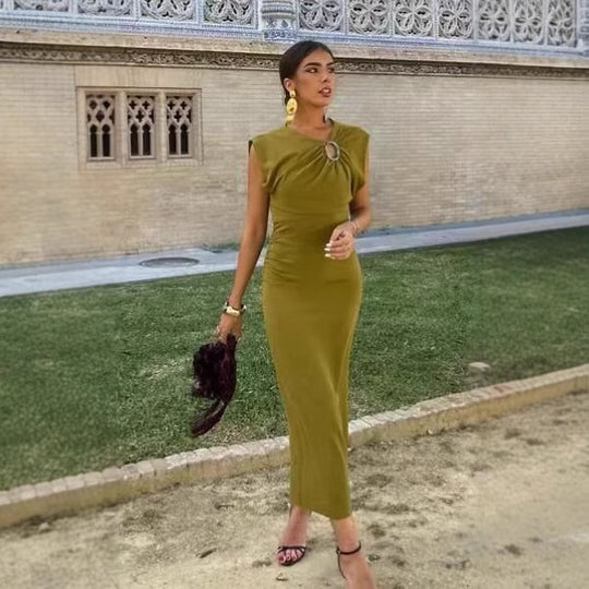 Damen elegantes Jersey-Kleid mit Detailrüsche und edlem Schmuckelement EB