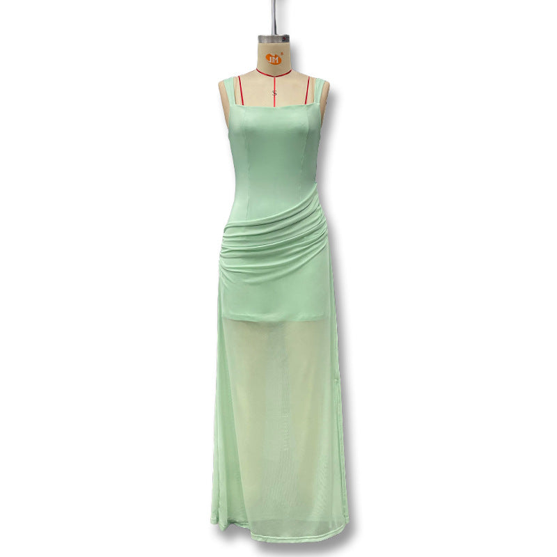 Damen Elegantes Maxikleid mit raffinierten Drapierungen und transparentem Rock EB
