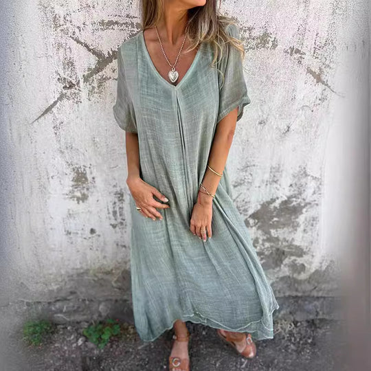 Damen Leichtes Sommerkleid mit V-Ausschnitt und weiten Ärmeln EB