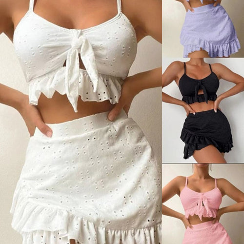 Damen Crop-Top und Minirock-Set mit verspielten Rüschendetails EB