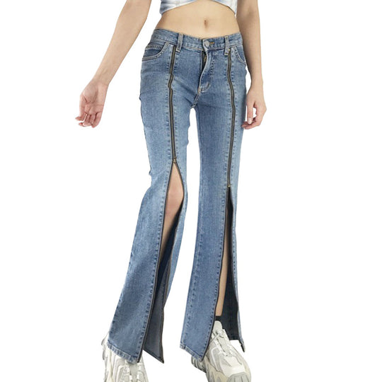 Damen nan Jeanshose mit durchgehenden Front-Reißverschlüssen, hoher vorderer Beinöffnung und ausgestelltem Schlag EB