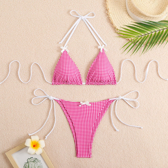 Damen Triangel-Bikini mit verspieltem Karomuster und bindbaren Trägern EB