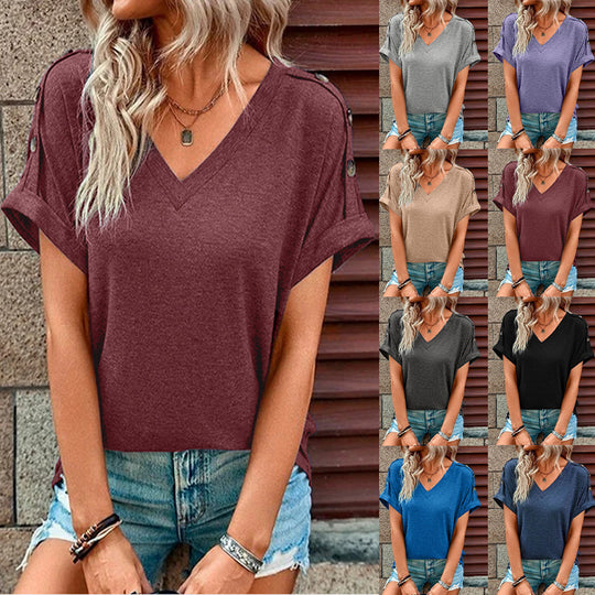 Damen V-Ausschnitt T-Shirt mit abgerollten Ärmeln und modischen Knopfdetails EB
