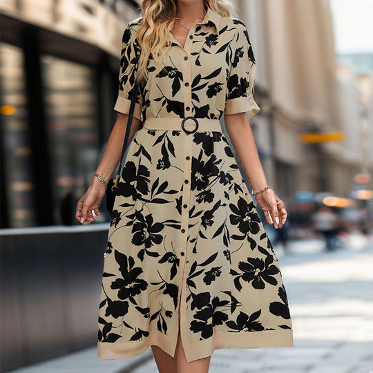 Damen Tailliertes Blusenkleid mit Taillengürtel, Frontknopfleiste und Frontschlitz EB