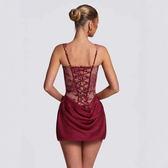 Damen Korsett-Kleid mit luxuriösen Spitzenakzenten und drapiertem Rock EB