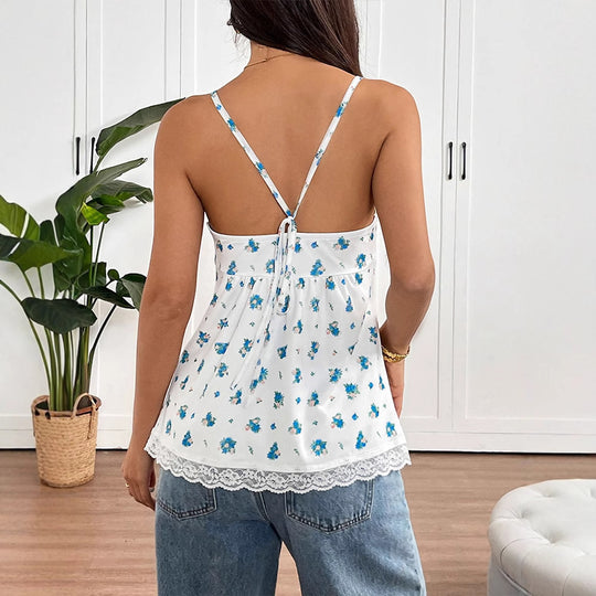 Damen Spaghetti-Träger Bluse mit floralem Muster und Spitzenbesatz EB