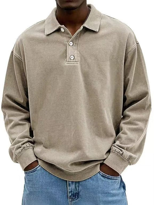 Herren nan lässiges Poloshirt-Sweatshirt mit Kragen, Vintage-Waschung und dreiteiliger Knopfleiste EB