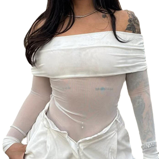 Damen Off-Shoulder Langarmbody mit transparenten Akzenten EB