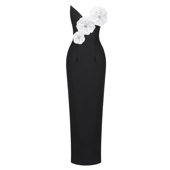 Damen Elegantes bodenlanges Kleid mit asymmetrischem Ausschnitt und floralen Details EB