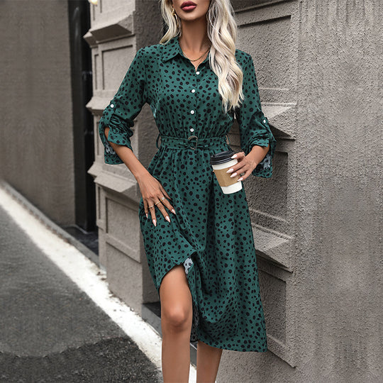 Damen Midi-Kleid mit punktiertem Muster und tailliertem Gürtel EB