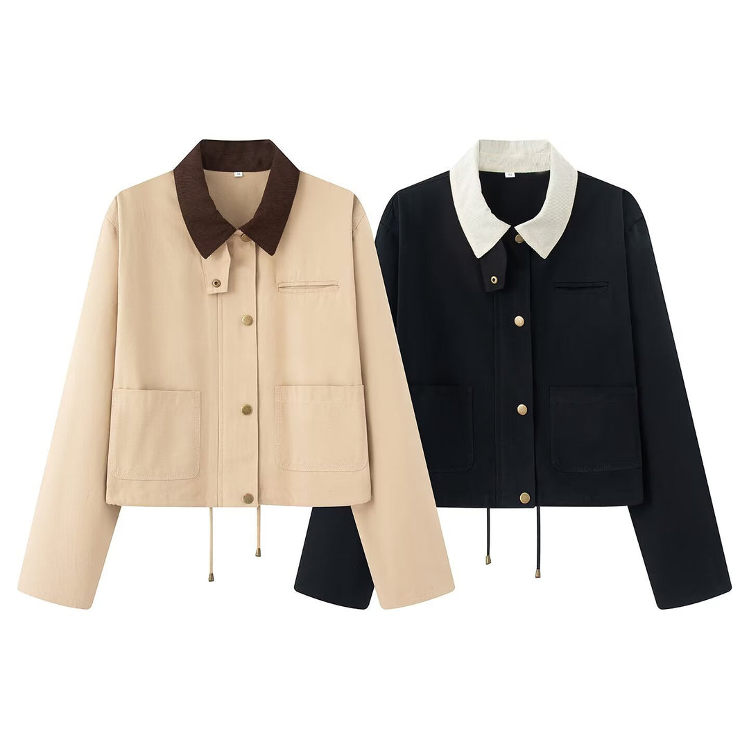 Damen lässige Jacke mit kontrastierendem Kragen und praktischen Taschen EB