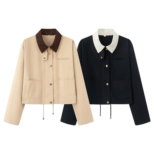 Damen lässige Jacke mit kontrastierendem Kragen und praktischen Taschen EB