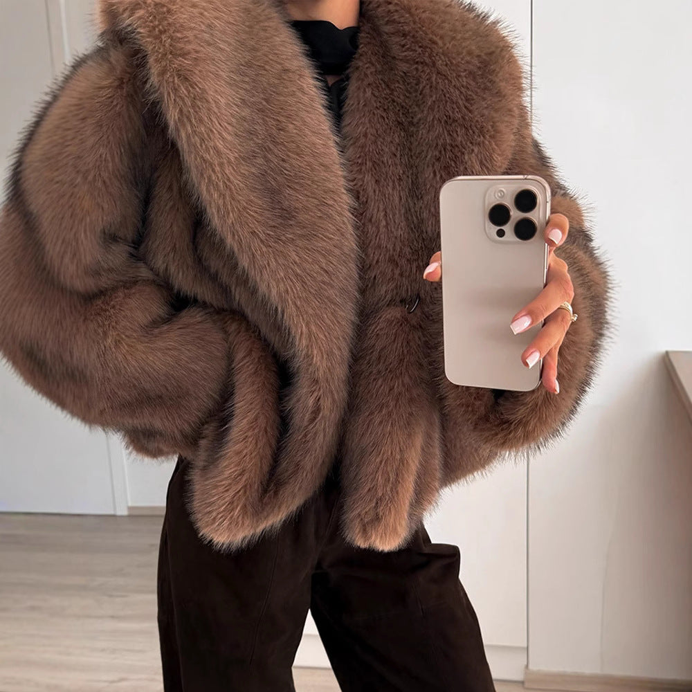 Damen stylischer Kunstfellmantel mit breitem Kragen EB