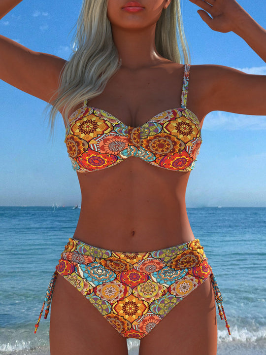 Damen Bikini-Set mit stilvollem Karomuster und goldfarbenen Akzenten EB