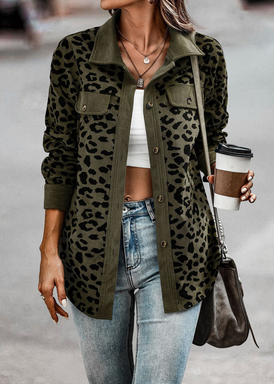 Damen gestreifter Hemdenjacke mit Leopardenmuster EB