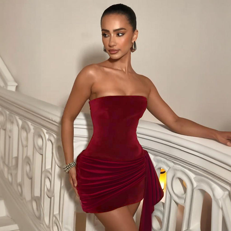 Damen elegantes Minikleid mit asymmetrischen Rüschendetails und schulterfreiem Design EB