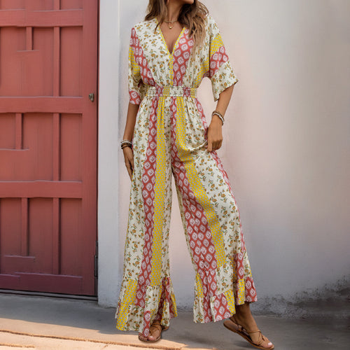 Damen Maxi-Jumpsuit mit floralen Mustern und voluminösen Ärmeln EB