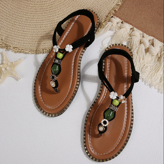 Damen Zehentrennersandalen mit dekorativen Perlenakzenten und komfortablem Fußbett EB