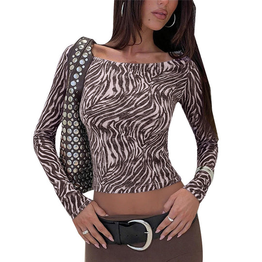 Damen körperbetontes Langarm-Shirt mit trendigem Tiermuster EB