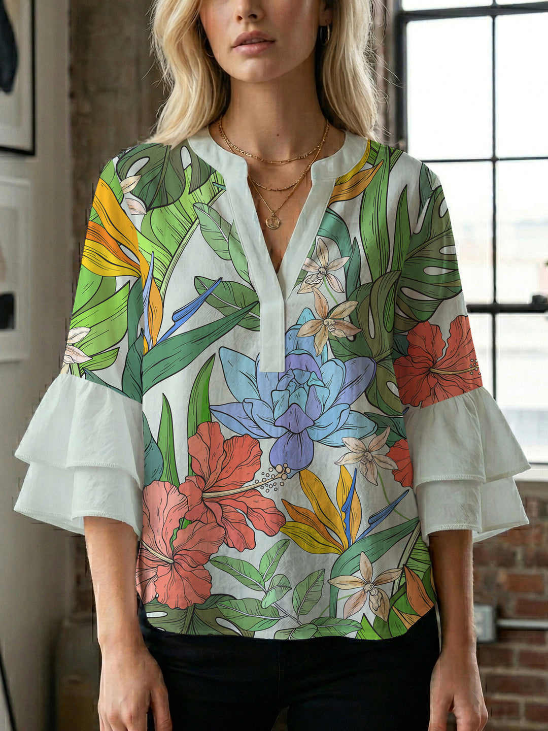 Damen elegantes Blusenshirt mit voluminösen Rüsenärmeln und grafischem Blumendesign EB