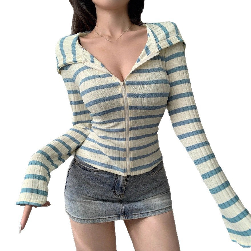 Damen Figurbetontes Blusenshirt mit Reißverschluss und Kapuze EB