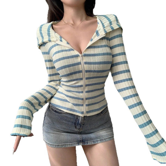 Damen Figurbetontes Blusenshirt mit Reißverschluss und Kapuze EB