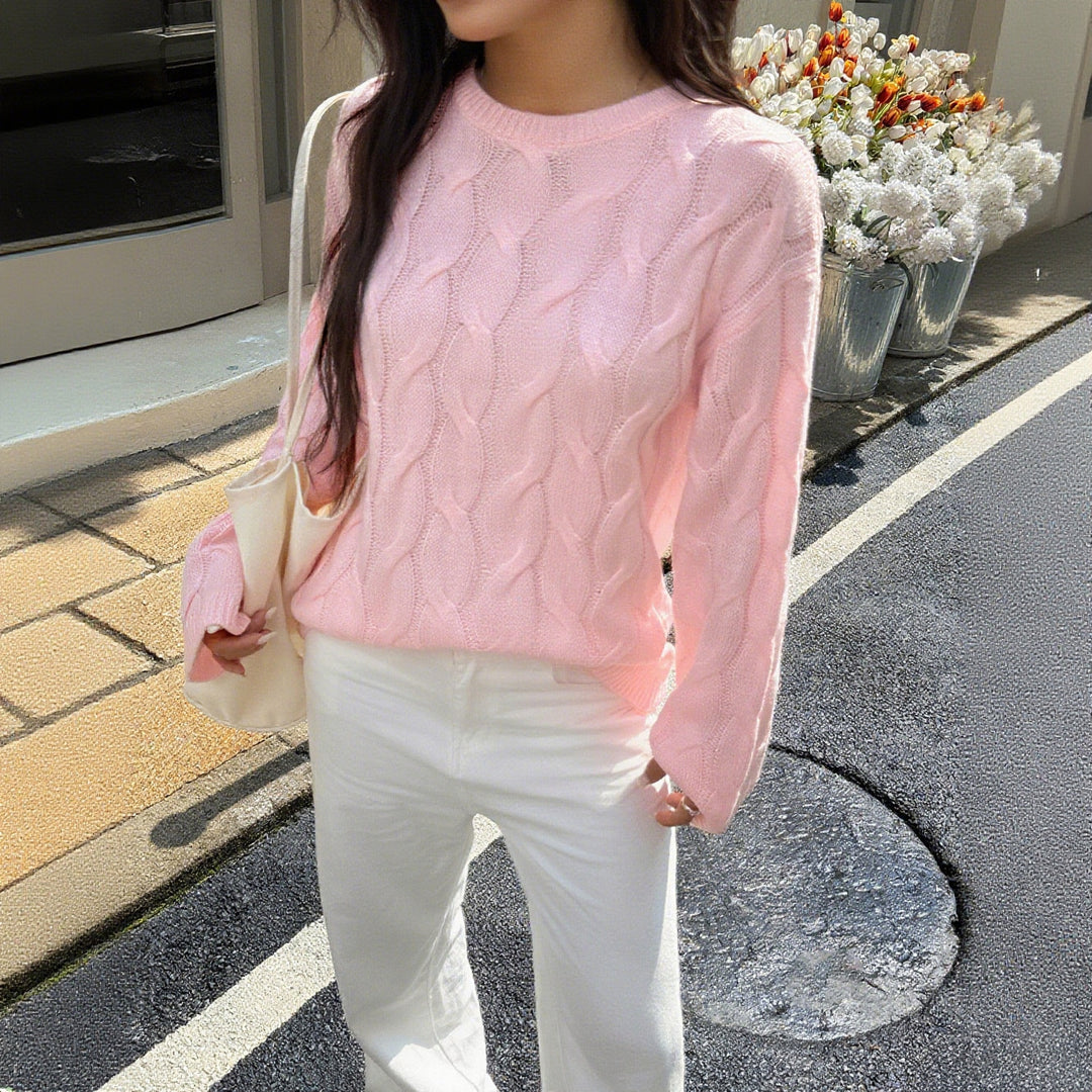 Damen nan oversized Zopfstrickpullover mit Rundhalsausschnitt und weichem Fall EB