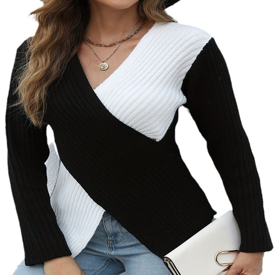 Damen eleganter V-Ausschnitt Pullover mit asymmetrischem Streifenmuster EB