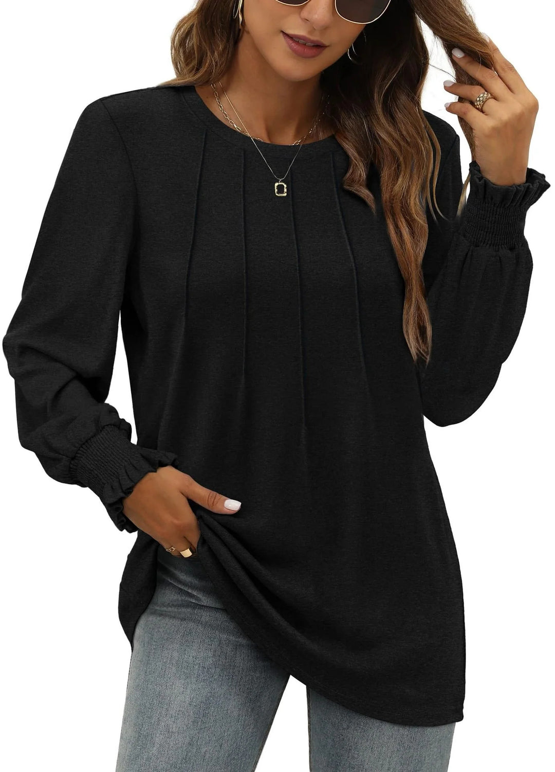 Damen Longsleeve-Tunika mit senkrechten Biesen und gerafften Rüschbündchen EB
