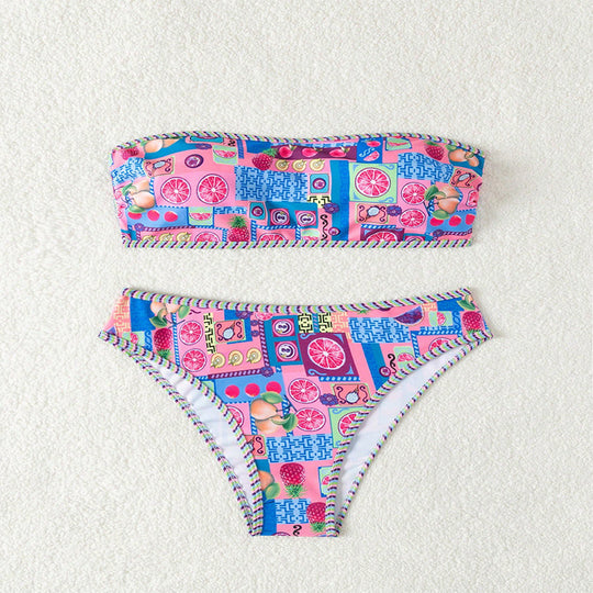 Damen Bandeau-Bikini-Set mit buntem Mustermix und dekorativen Details EB