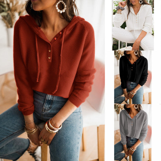 Damen Kapuzenpullover mit strukturiertem Stoff und modischen Knopfdetails EB