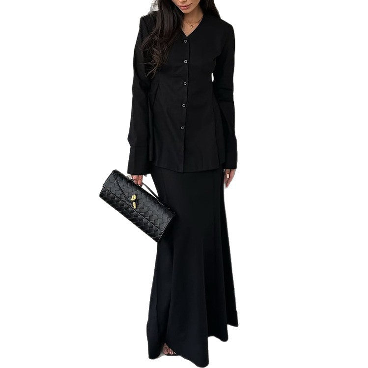 Damen Elegantes Deux-Pieces-Anzugset mit schwingendem Oberteil und bodenlangem Rock EB