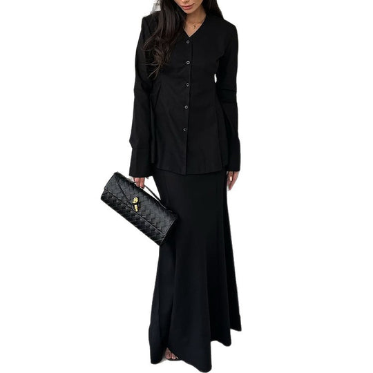 Damen Elegantes Deux-Pieces-Anzugset mit schwingendem Oberteil und bodenlangem Rock EB