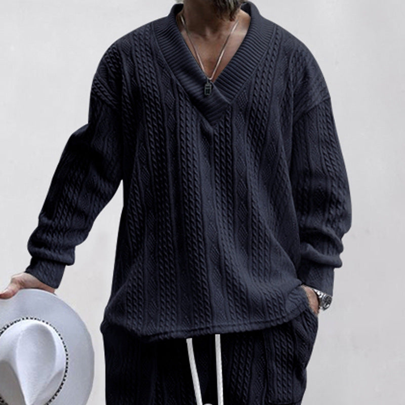 Herren Zopfstrick-Loungewear-Set mit tiefem V-Ausschnitt, Relaxed-Fit & Kordelhose EB