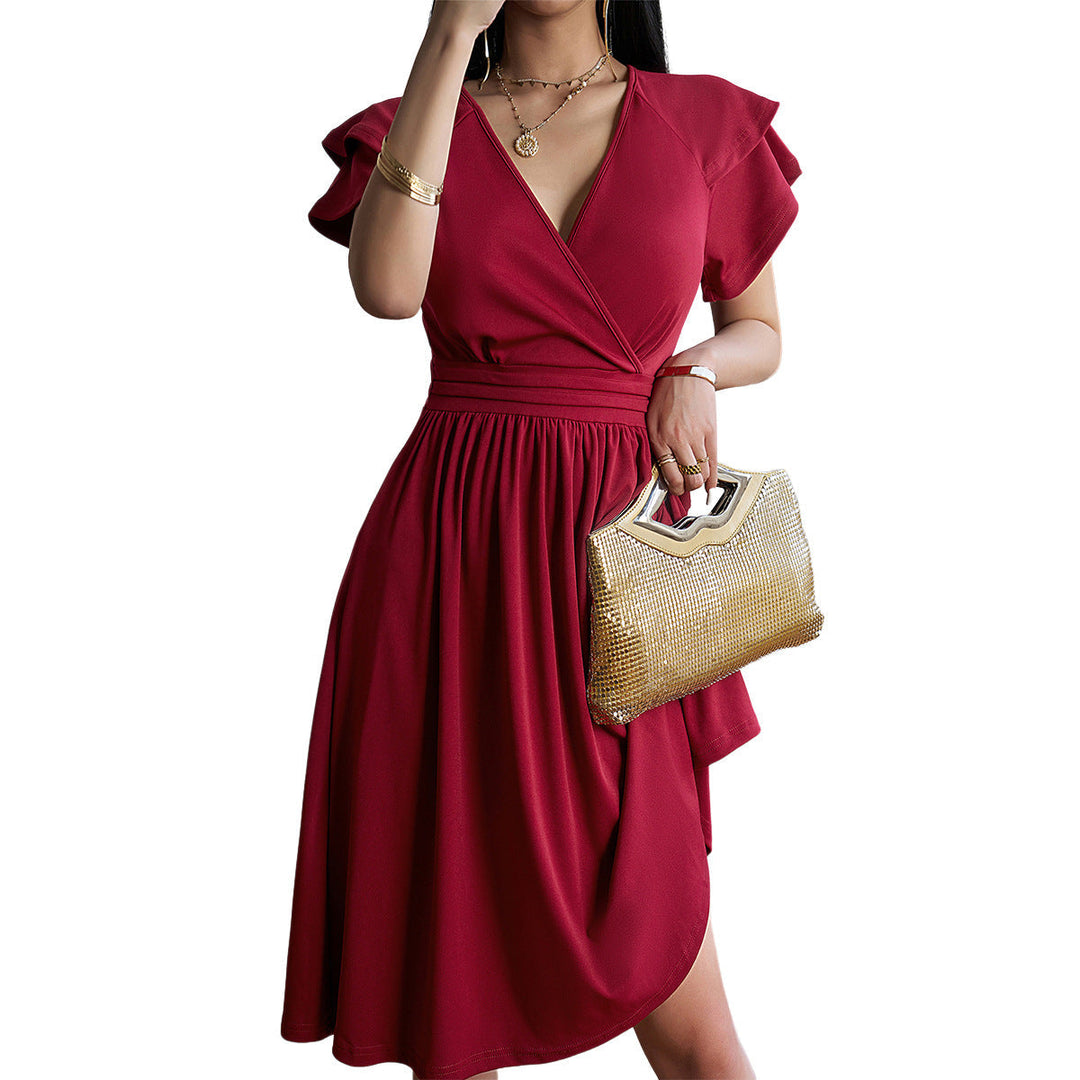 EB | V-Ausschnitt Einfarbig Kurzarmkleid Für Frauen