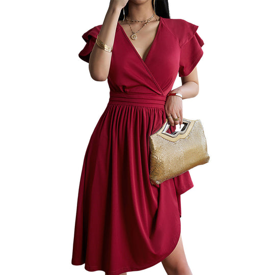 EB | V-Ausschnitt Einfarbig Kurzarmkleid Für Frauen