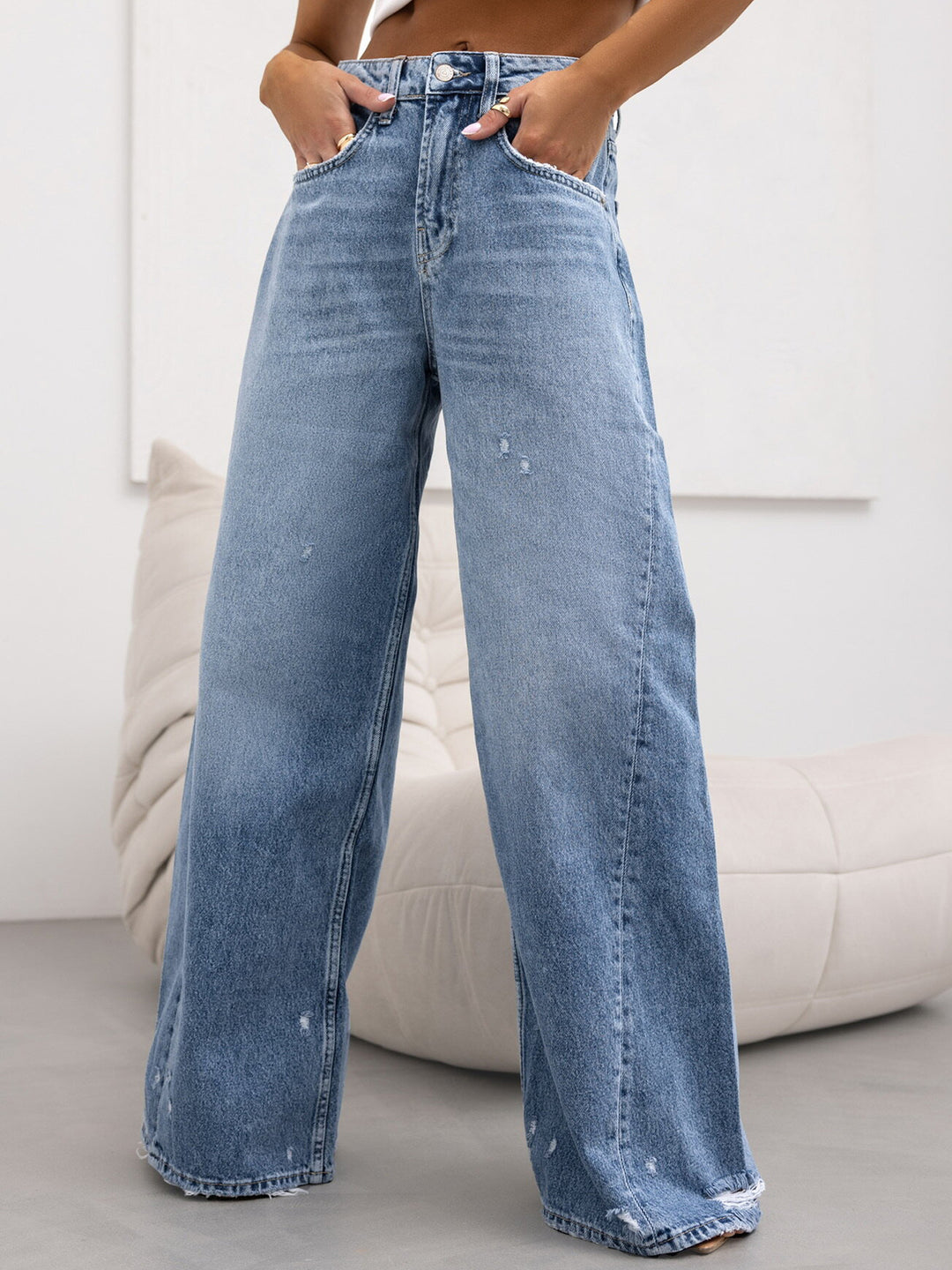 Damen Weite Jeans im Vintage-Stil mit hohen Taschen und trendigen Used-Effekten EB