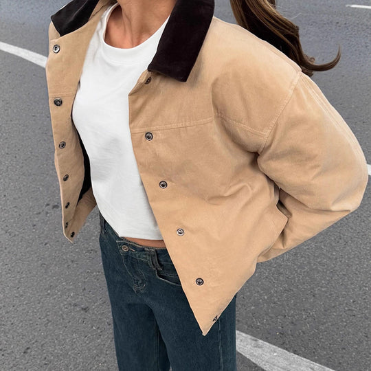 Damen modische Oversized-Jacke mit Samtkragen und Druckknopfverschluss EB