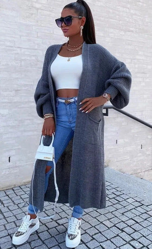 Damen Langer Strickmantel mit oversized Ärmeln und praktischen Taschen EB