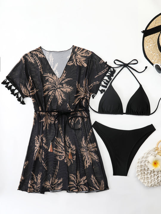 Damen strandtaugliches Kaftan-Set mit modischem Palmendruck EB