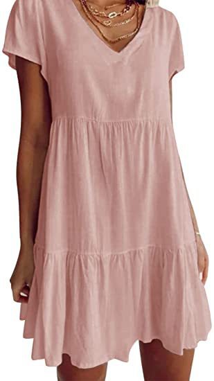Damen luftiges V-Ausschnitt Kleid mit Rüschensaum und praktischen Taschen EB