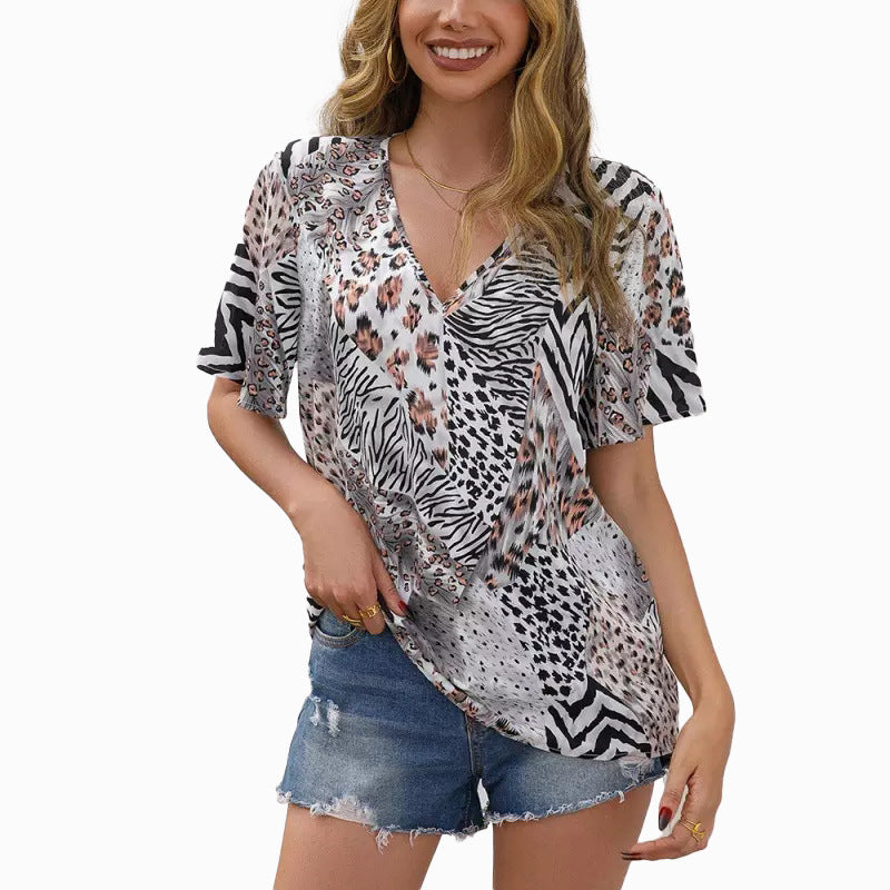 Damen Kurzarm Blusenshirt mit kreativem Tiermuster und V-Ausschnitt EB
