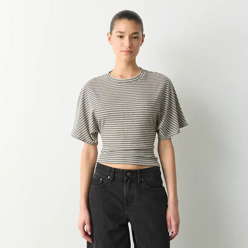 Damen modernes Kurzarm-Top mit lässigem Streifenmuster und elegantem Schnitt EB
