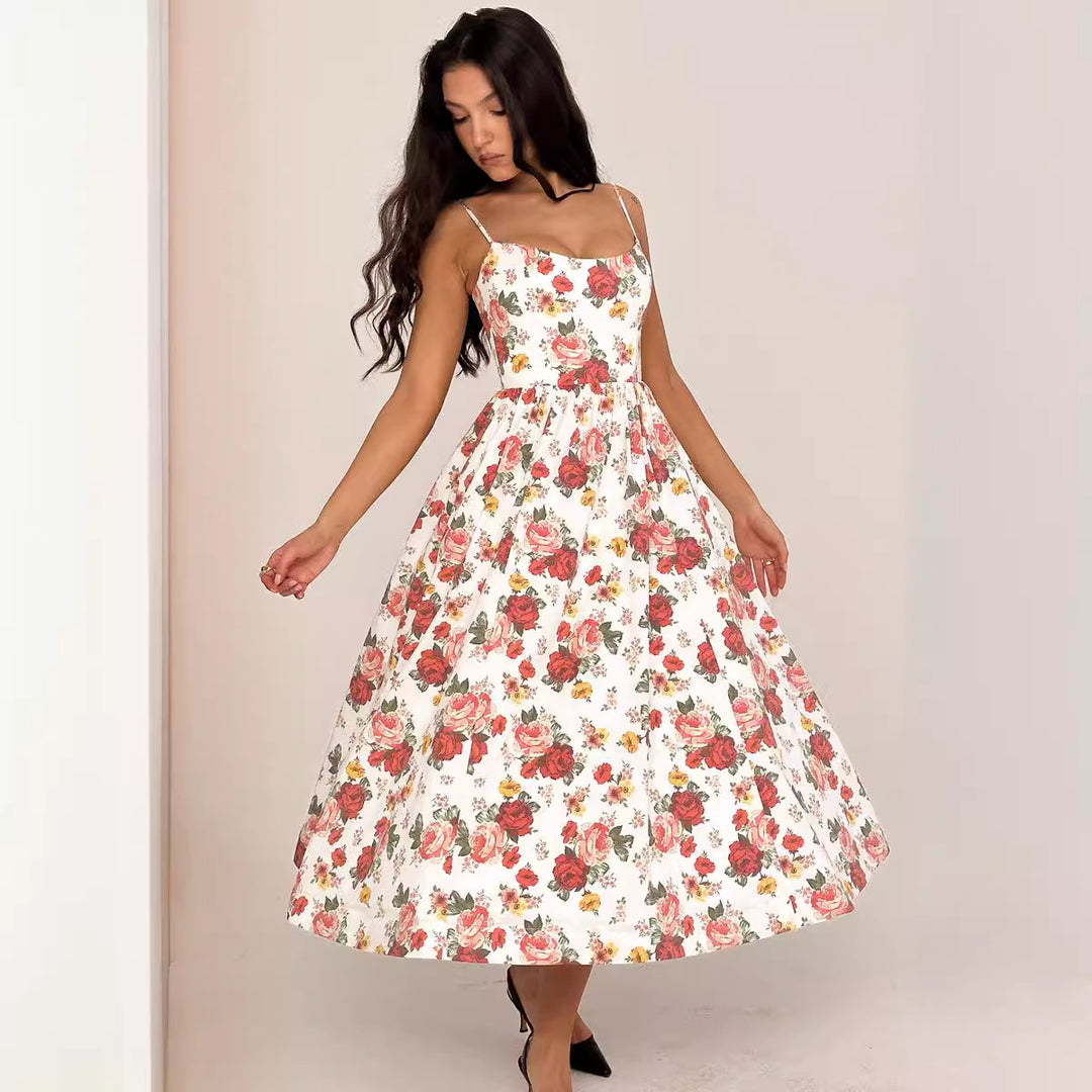 Damen Midi-Kleid mit elegantem Blumenmuster und zartem Taillenzug EB